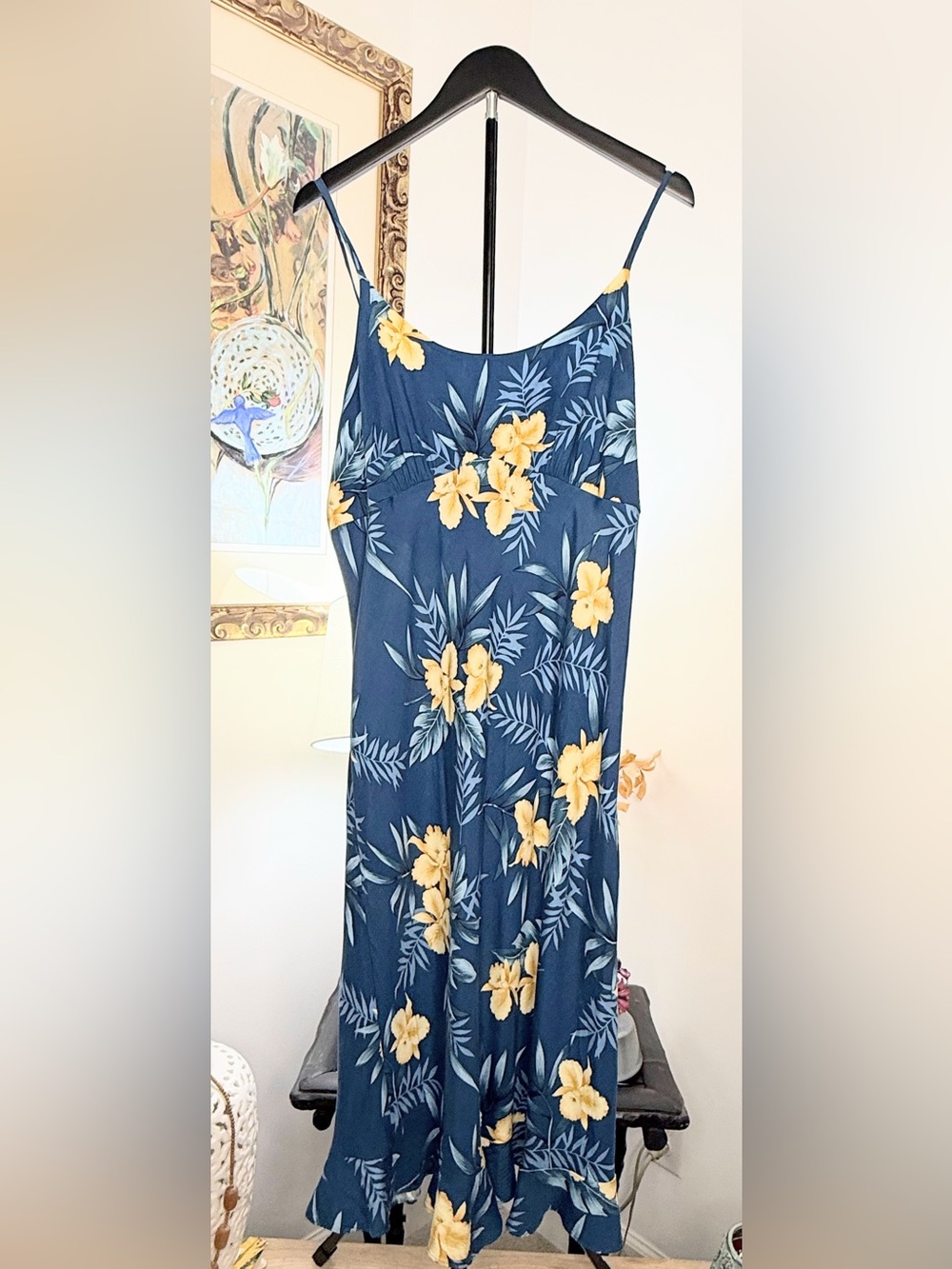 Two Palms Hawaii Dress L Navy Yellow Hibiscus Floral Rayon Maxi Hawaiian Resort